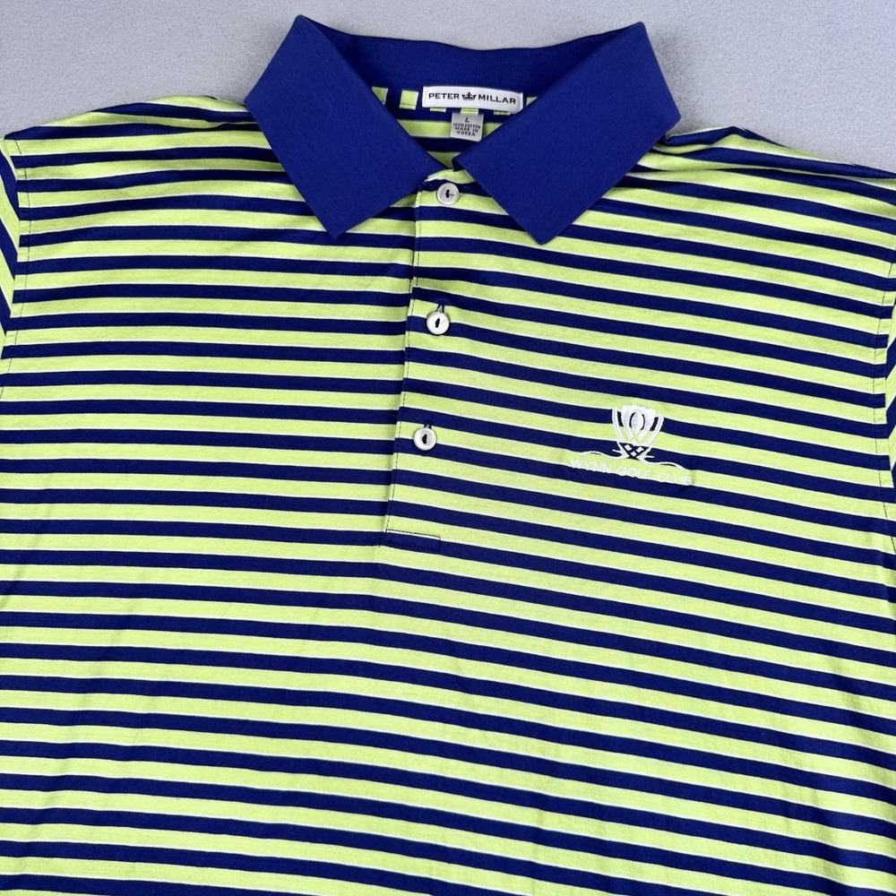 Peter Millar Performance Jersey Polo Men L Wynn Golf Club Stripe Logo SS Stretch